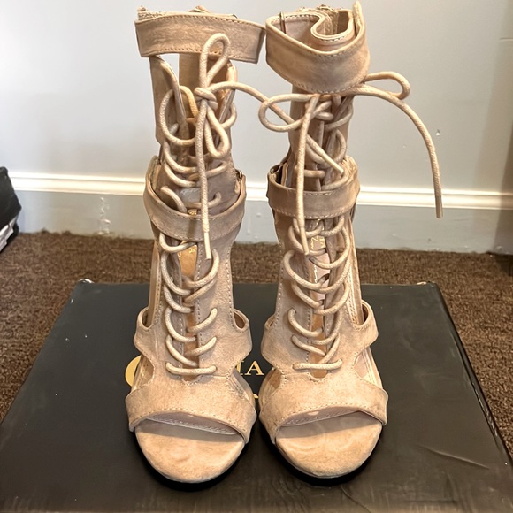 Beige Suede Heels - Picture 1 of 4